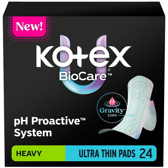 Kotex BioCare Ultra Thin Pads with Wings, Heavy Absorbency, 24 Count