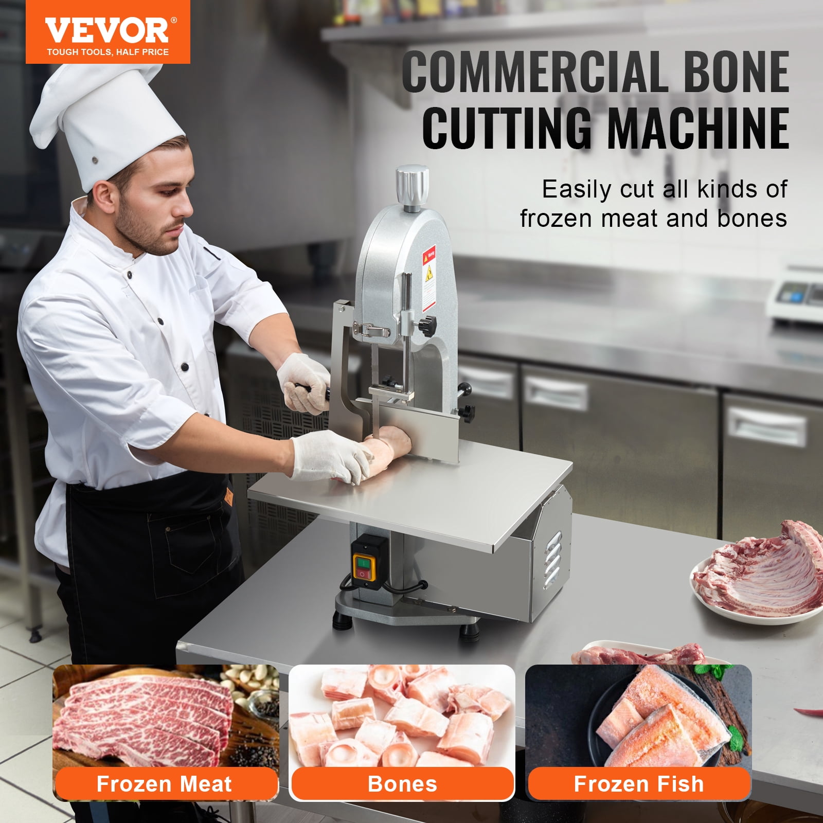VEVOR Commercial Electric Meat Bandsaw, 1800W Stainless Steel Countertop Bone Sawing Machine,Workbeach 15" x 19.1",7.09 Inch Max Cutting Thickness,Frozen Meat Cutter with 5 Blades for Rib Pork Beef