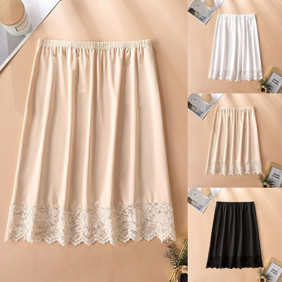 FRSASU Women's Milk Touch Half Skirt with Lace Trim Stretchy Elastic Waist A-Line Soft Comfortable Slip Skirt White