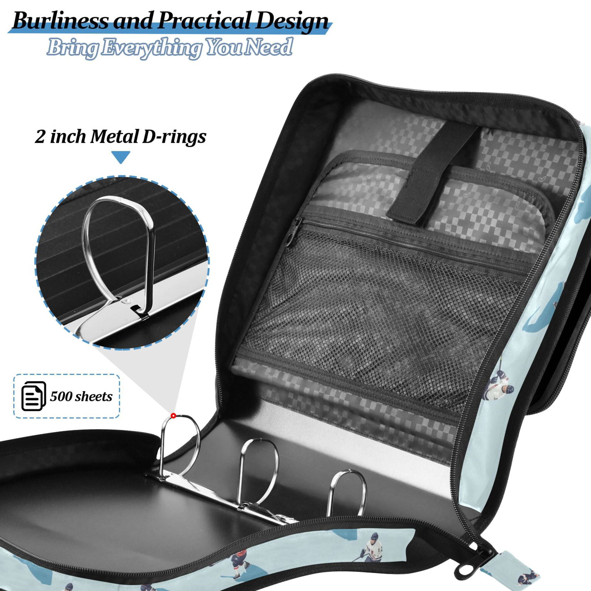 FORMRS Zipper Binder with Shoulder Strap 2-inch Ring 500 Sheet Capacity File Bag, Blue Ice Hockey
