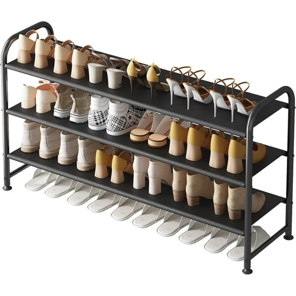 Seamika 3-Tier Shoe Rack Organizer, Metal Shoe Storage Wide Shelf with Non-woven Fabrics for Close Entryway,Black