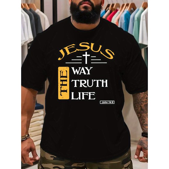 Comfortable] Men's Plus Size Casual Graphic Tee - "Jesus The Way The Truth The Life" Print, Stretchy Short Sleeve Crew Neck T-Shirt, Lightweight Polyester Blend for Spring/Summer/Fall