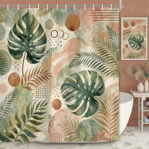 Boho Shower Curtain, Beige Green Tropical Leaf Bathroom Decor, Abstract Mid Century Modern Polyester Shower Curtain Set with Hooks, 60x72 Inches