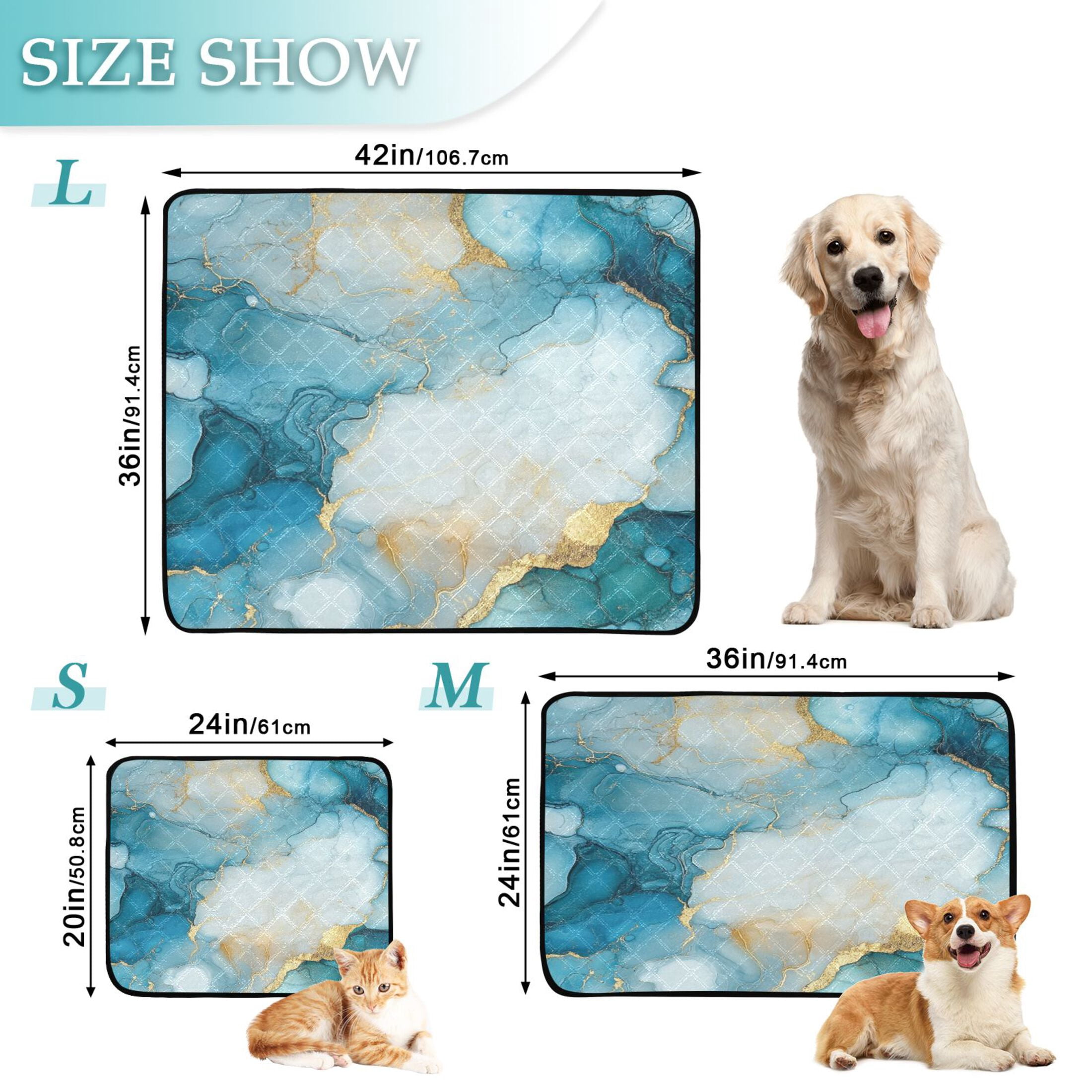 Qxltty Cyan Gilt Marbles Cat litter Pads Pet Set of 2 Diaper Mats Center Anti-leakage Layer Absorbent Soft and Comfortable