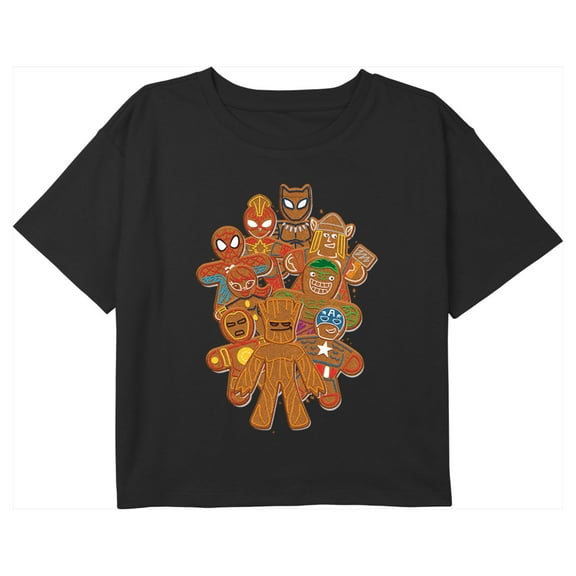 Girl's Marvel Christmas Gingerbread Avengers Graphic Cropped T-Shirt Black Large