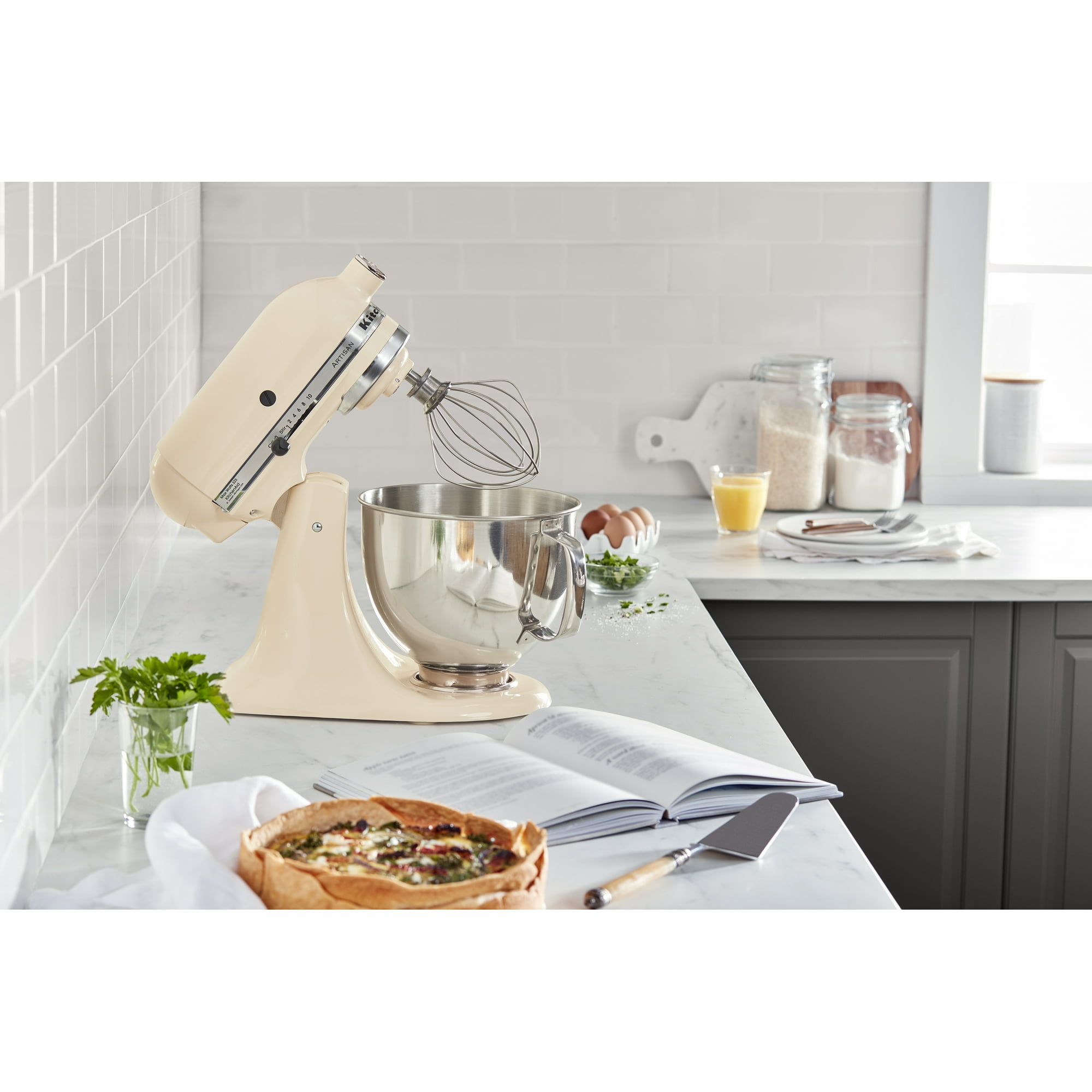 KitchenAid Artisan Series 5-Quart Tilt-Head Stand Mixer, Almond Cream with Flat Beater, Dough Hook, Whip