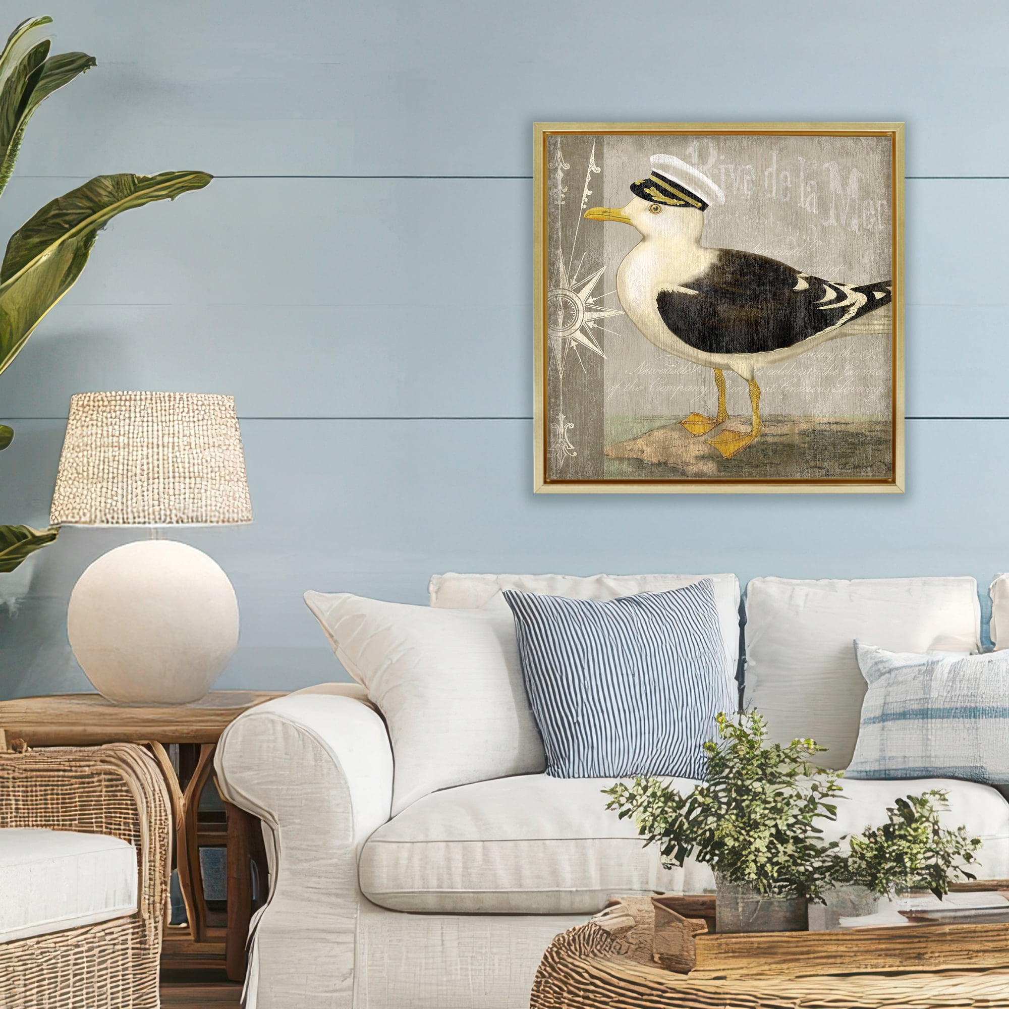 Stupell Industries Little Maritime Seagull Gold Framed Floater Canvas Wall Art, design by Suzanne Nicoll