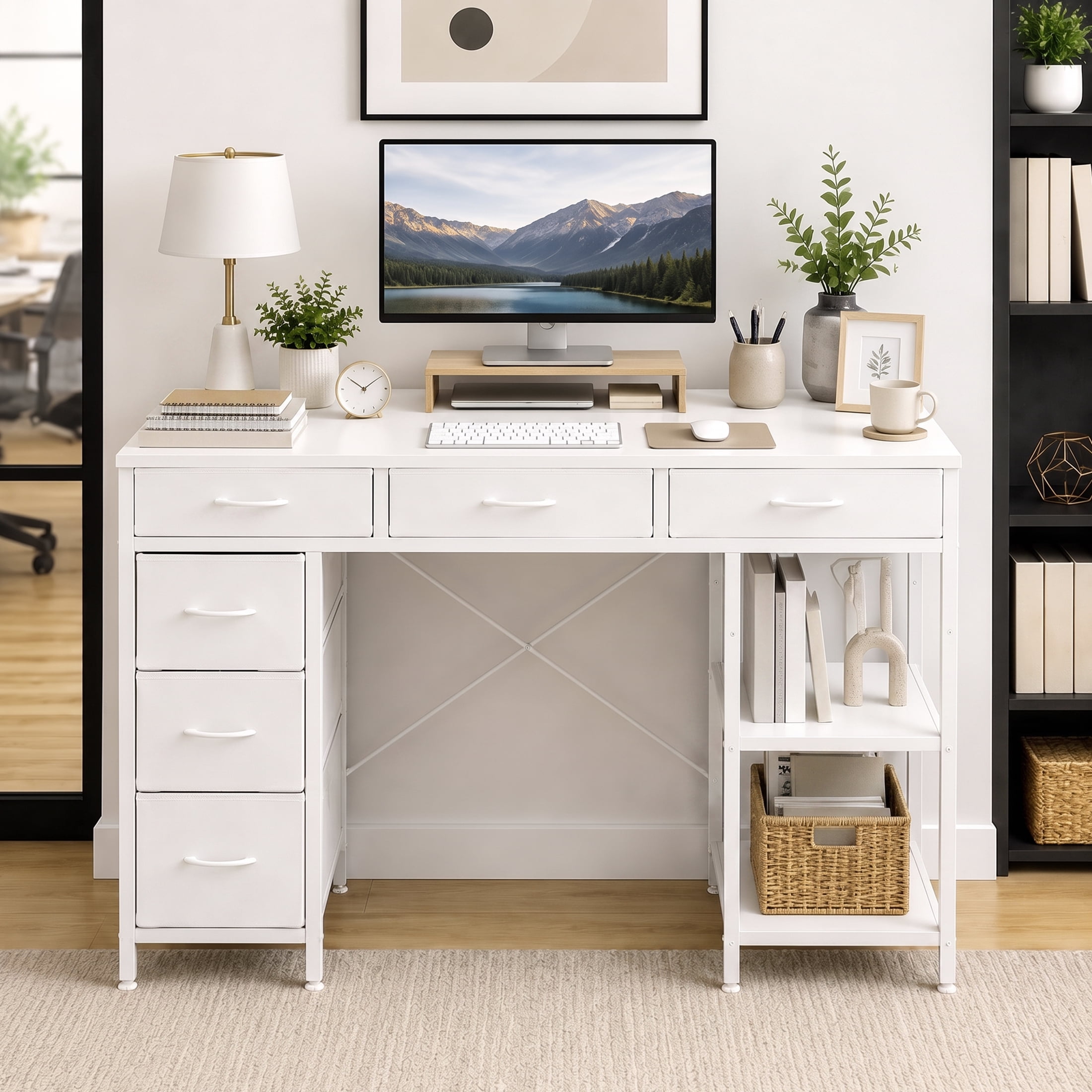 パソコンデスク EDX, Computer Desk, 55 Inch, White with Fabric Drawers and Shelves