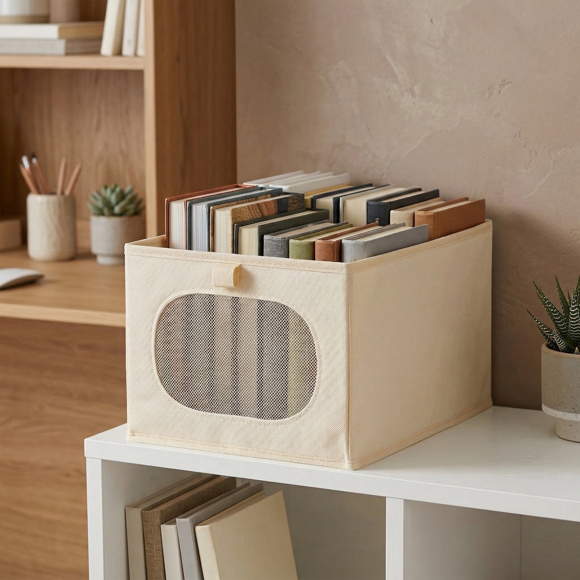 Unique Bargains Fabric Storage Bin With Bottom Beige 15.7*9.8*7.9in