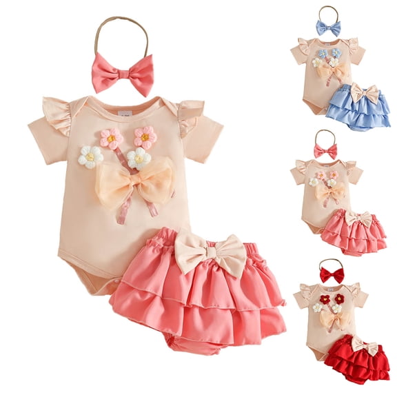 Newborn Girls One Piece Romper Cute Comfy Onesies With Bow Shorts & Headband Short Sleeve Crew Neck Jumpsuit (12-18 Months, Pink)