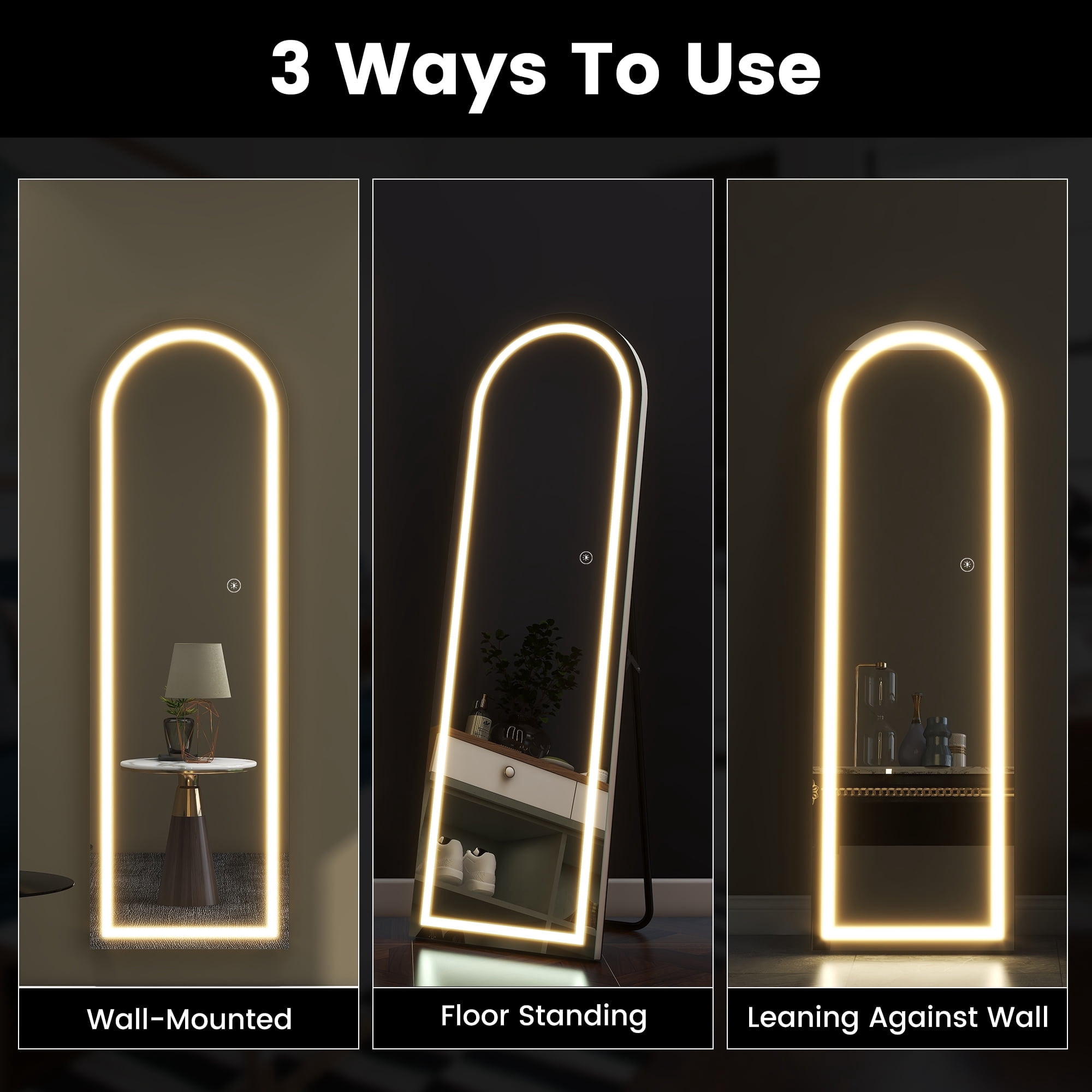 63"x20" LED Floor Mirror Aluminum Alloy Frame Arched Full Length Mirror with Bracket,Black