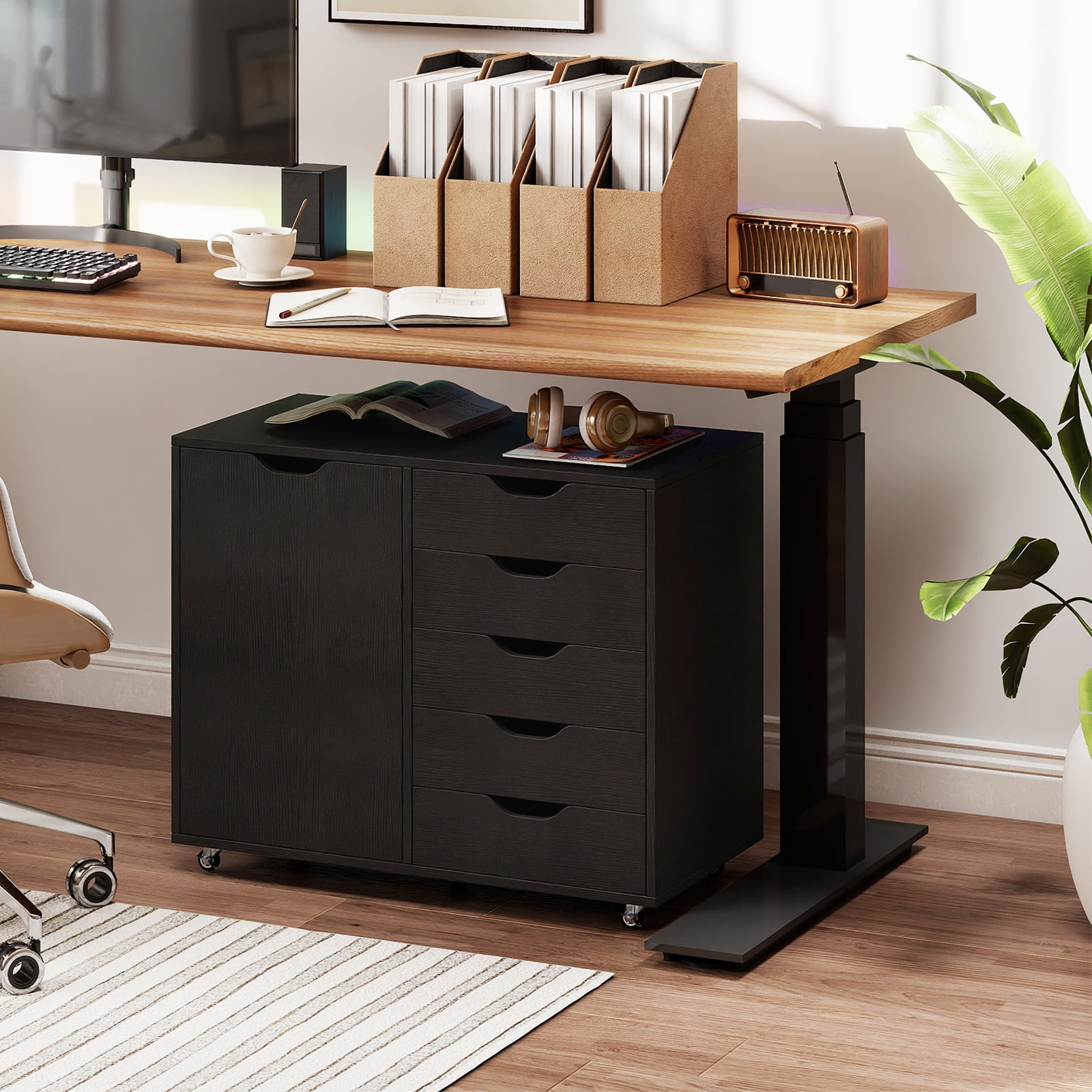 Costway 5-Drawer File Cabinet with Door, Wheels and 5-Level Adjustable Shelf for Home Black