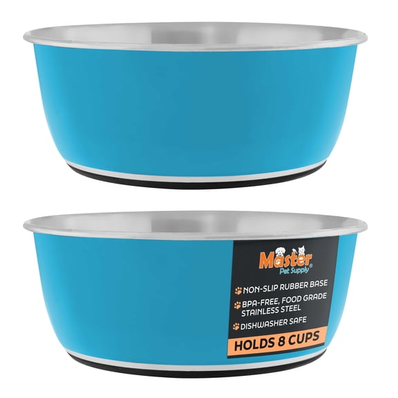 Master Pet Supply Stainless Steel Dog Bowls Set of 2 (64 Oz Each) with Non-Slip Rubber Base - True Blue - Basic Dog Food Bowl Water & Food Bowls for Small Medium Large Dogs & Cats, Metal Dish
