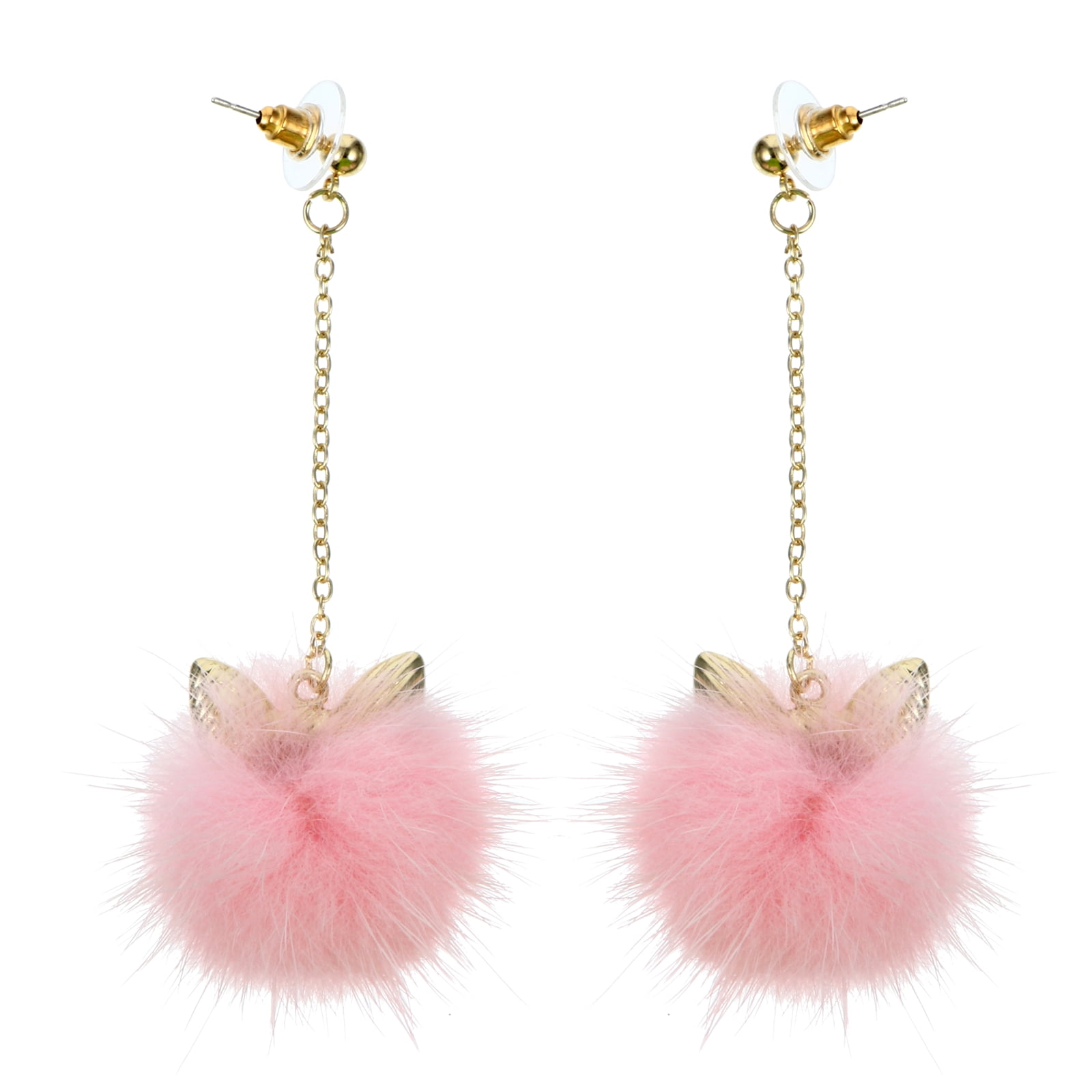 1 Pair Cat Ear Fur Ball Earrings Fluffy Pom Pom Long Earrings for Women