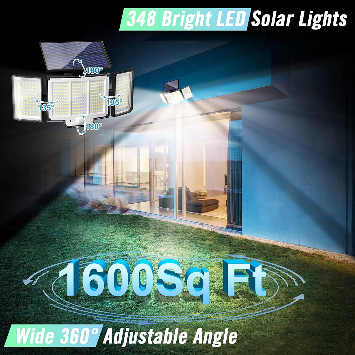 Solar Lights for Outside, 348 LED Motion Sensor Outdoor Lights with Remote Control, 3 Head IP65 Waterproof Security Lights, Solar Flood Wall Lights with 3 Modes for Garden, Patio, Yard,1 Pack