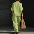 thumbnail image 6 of Domzest Two Piece Linen Sets for Women Short Sleeve V Neck Tunic Top Matching Wide Leg Pants Casual Loose Outfits With Side Pockets Green 2XL, 6 of 6