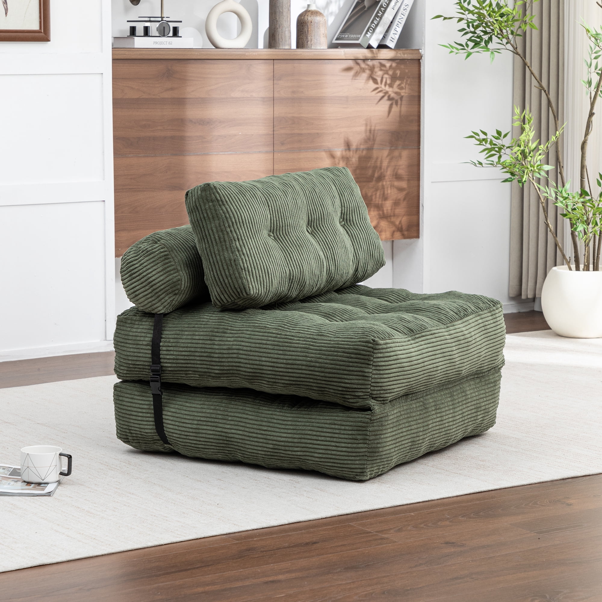 Convertible Folding Sofa Bed with Pillow and Lumbar Support, Foldable Sleeper Chair and Floor Mattress for Living Room and Guest Room, Green Corduroy