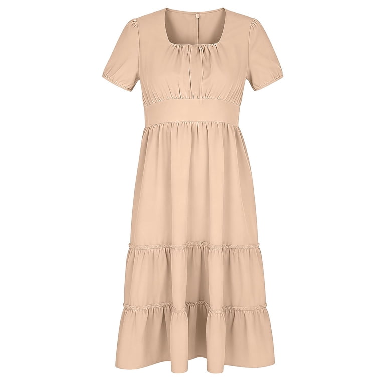 BLVB Summer Fall Dresses for Women Short Sleeve Trendy Beach Midi Dress  Square Neck Tiered Boho Sundress - Walmart.com