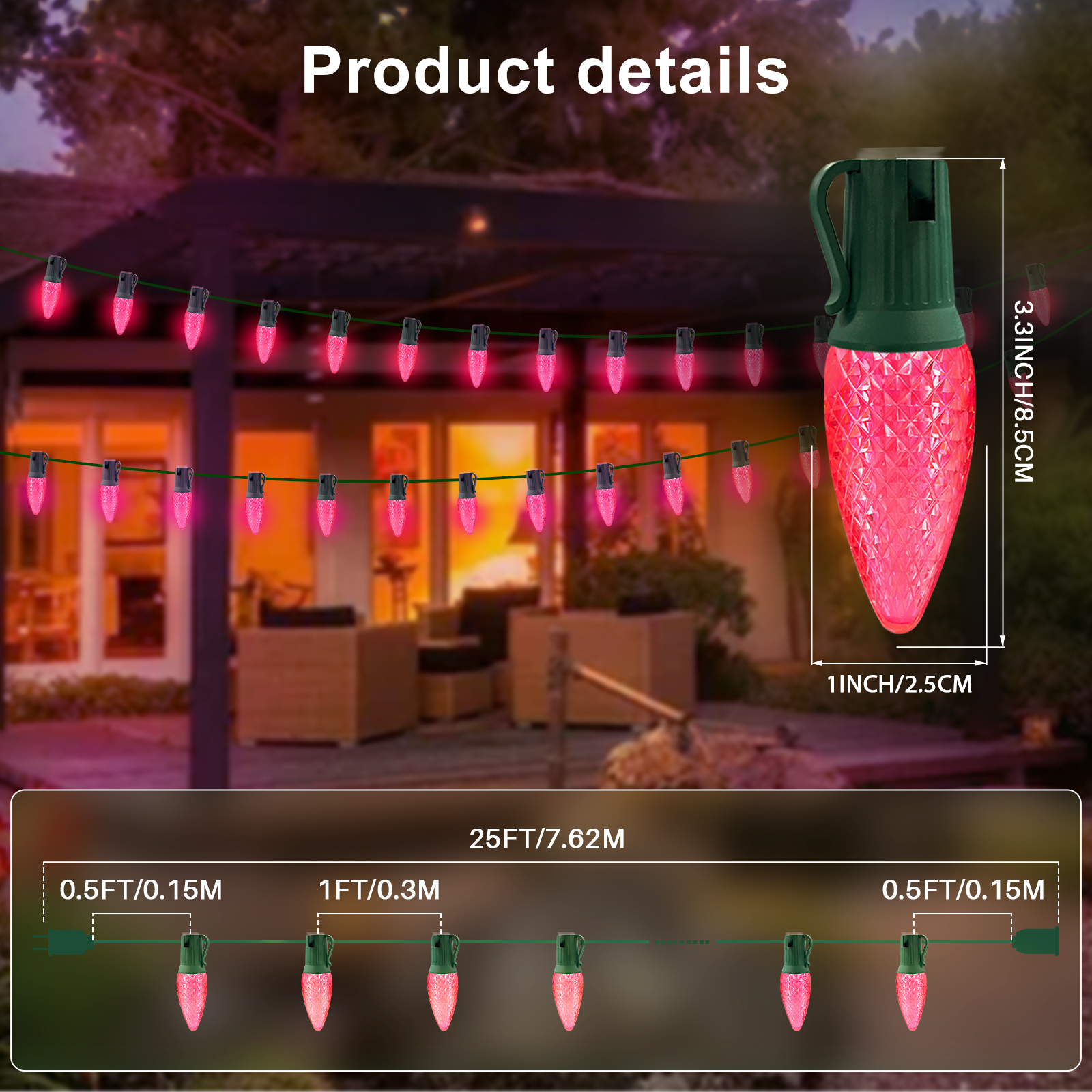 LAMPHOME Pink C9 Christmas String Light Outdoor, 25FT Shatterproof LED for House Rooflines & Pathways, Connectable Waterproof Vintage Christmas Light for Tree, Yard, Patio, Porch, Garden