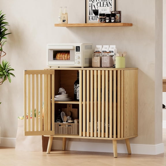 LAZZO Storage Cabinet Credenza Buffet Sideboard with Grille Striped Doors & 2-Tier Shelves, Coffee Bar Accent Cabinet for Living Room, Kitchen & Dining Room, Natural Wood