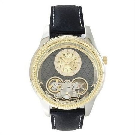 Elgin Men's 20mm Genuine Leather Semi-Automatic Wristwatch, Black & Silver
