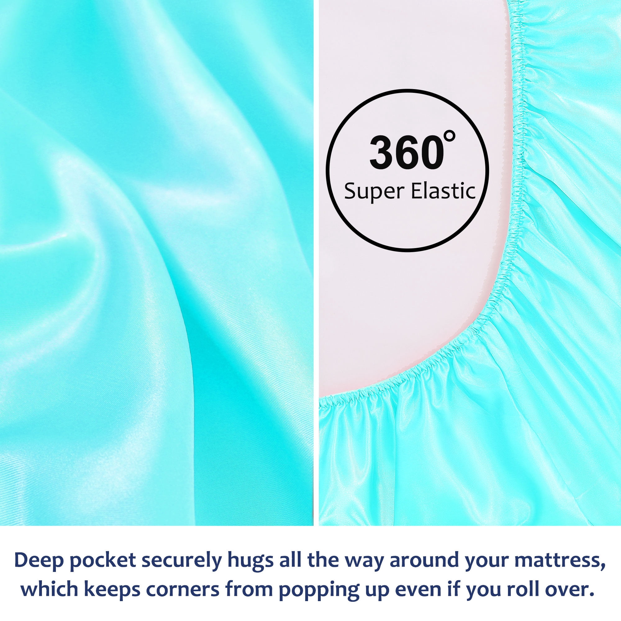Unique Bargains 12" Large Pocket Satin Silk Fitted Sheet Queen Cyan