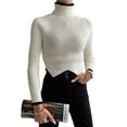 thumbnail image 5 of Women Sweater Knit Pullover Long Sleeve Turtleneck Contrast Color Irregular Hem Crop Top, 5 of 8