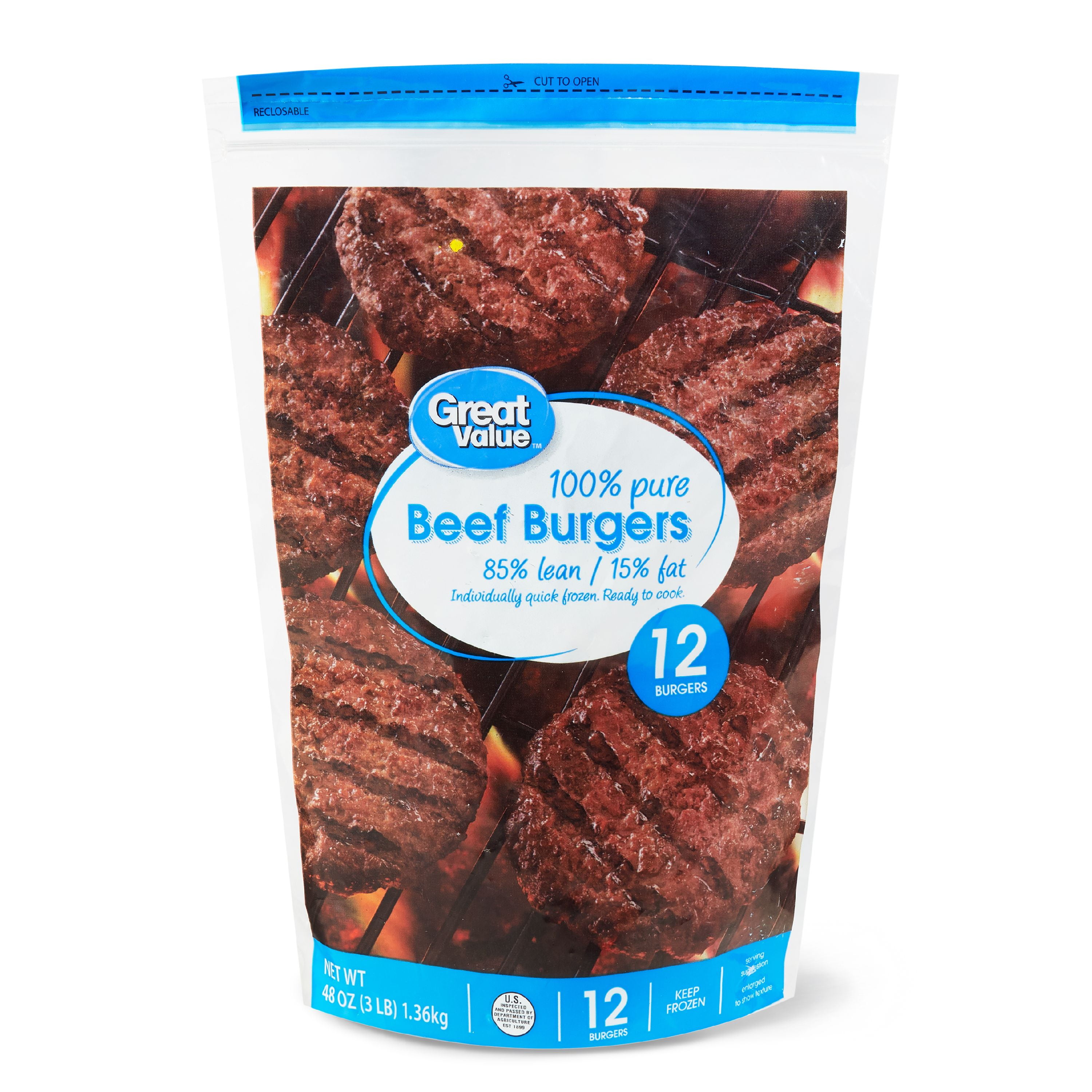 Great Value Beef Burgers, 85% Lean/15% Fat, 12 Count, 3 lbs (Frozen)