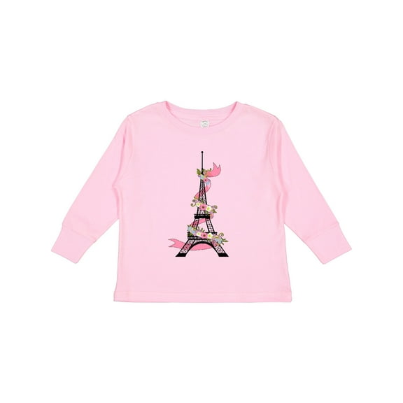 Inktastic Eiffel Tower in Paris with Flowers and Pink Banner Boys or Girls Long Sleeve Toddler T-Shirt