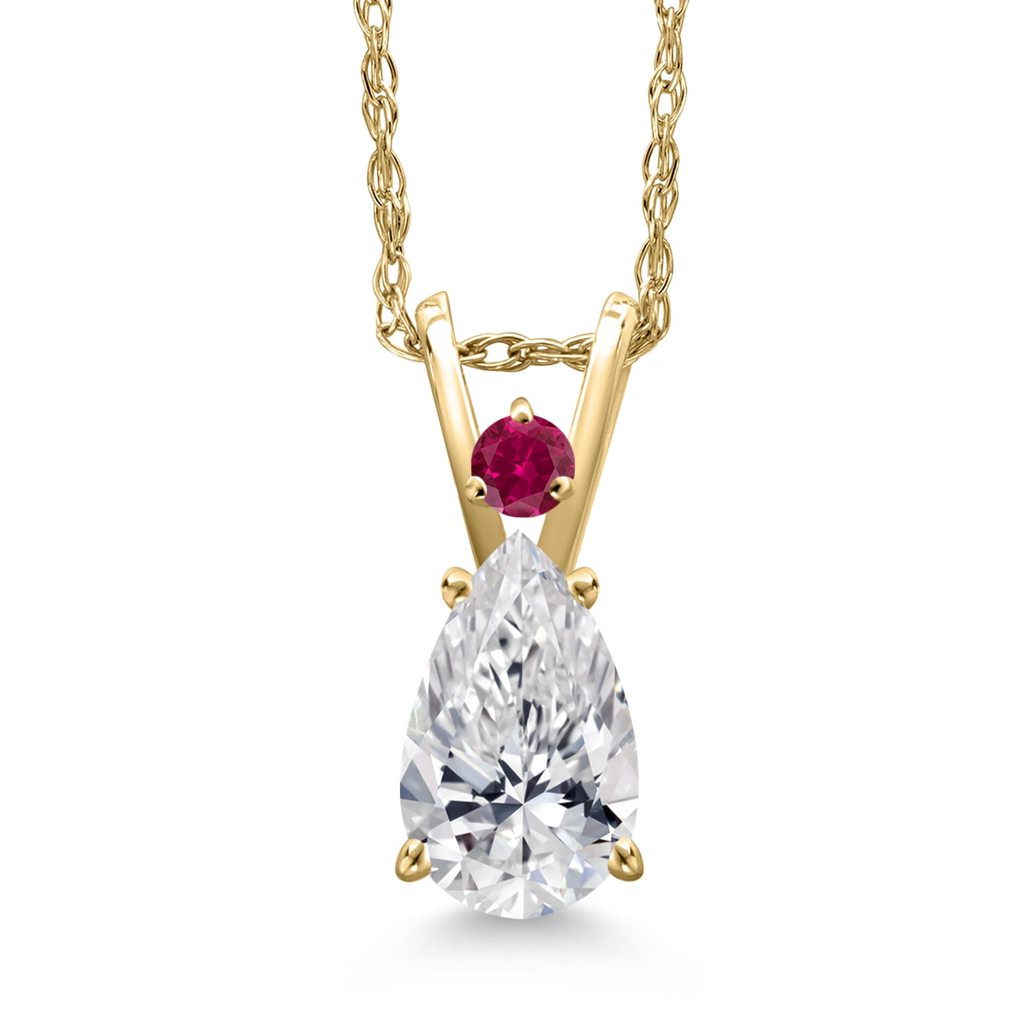 Gem Stone King 14K Yellow Gold DEF Lab Grown Diamond and Red Created Ruby Pendant Necklace for Women | 0.75 Cttw | Gemstone April Birthstone | Pear Shape 8X5MM | With 18 inch Chain