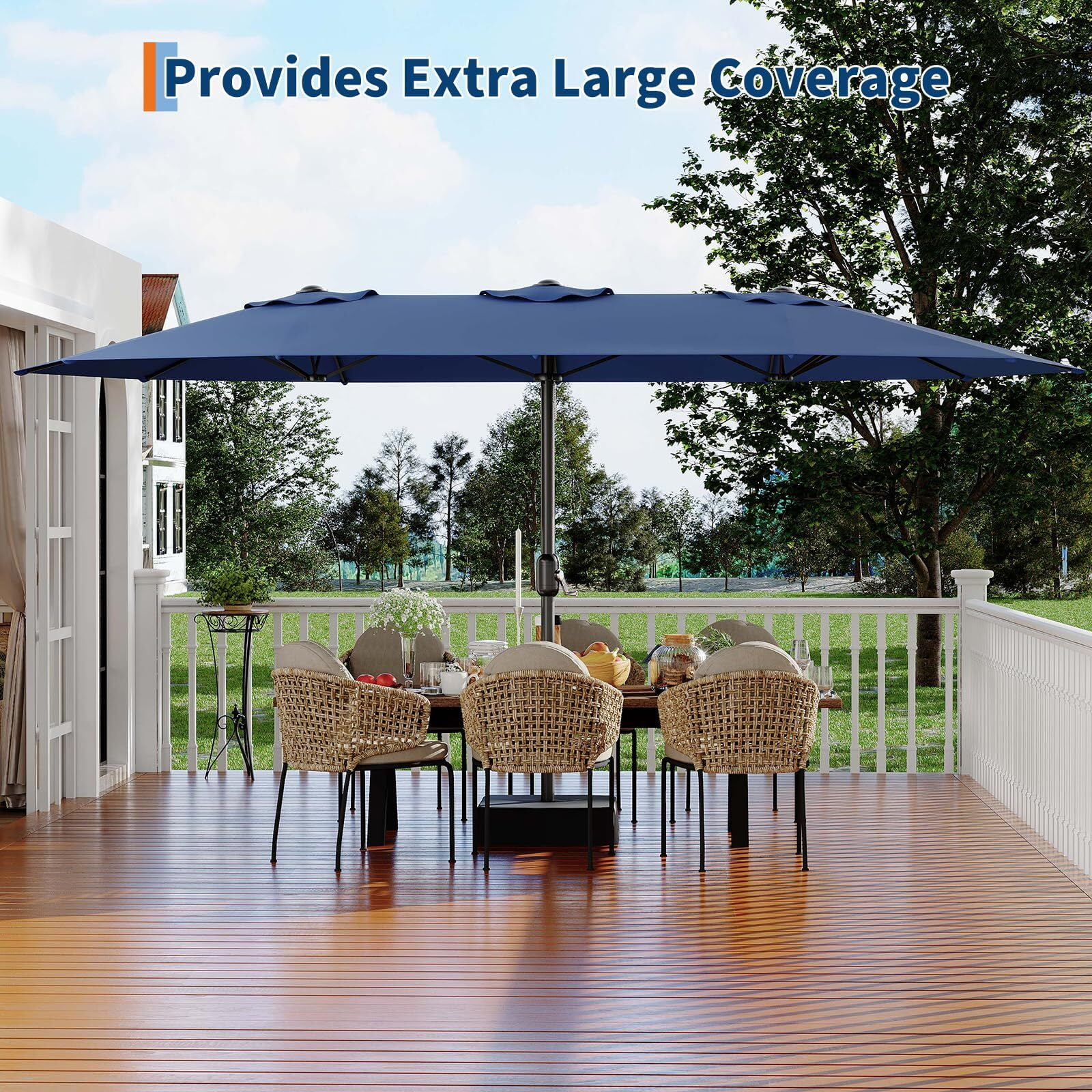 EuKer 15ft Outdoor Umbrella with Base, Large Patio Umbrella W/Crank Handle for Patio Tables, Poolside, Navy Blue