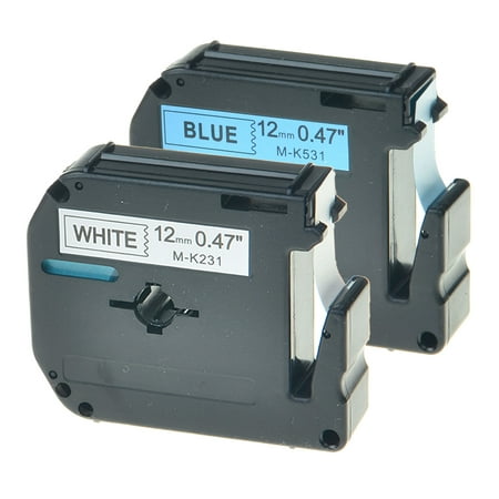GREENCYCLE 2PK 12mm 8m Black on White/Blue Label Tape for Brother MK M-K M MK231 MK531 P-touch