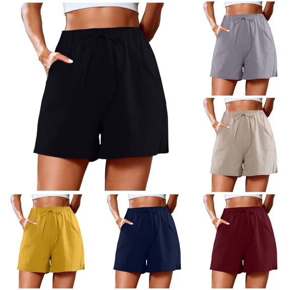 Trendfront Womens Solid Color Casual Shorts High Waisted Elastic Drawstring Waist Side Pockets Relaxed Fit Summer Bottoms