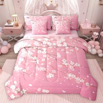 jejeloiu Pink Flowers 7pcs Bedding Comforter Set,Japanese Sakura Queen Bedding Sets,Cherry Blossoms Queen Sheet Sets For Girls,Uper Cozy Room Decor Reversible