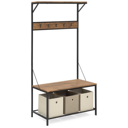 Powell Brown Coat Rack Best Choice Products 71x39in 3-Tier Entryway Coat Shoe Rack Bench Hall Tree Storage Organizer Accent Furniture w/ 5 Hooks, Metal Frame - Brown ()