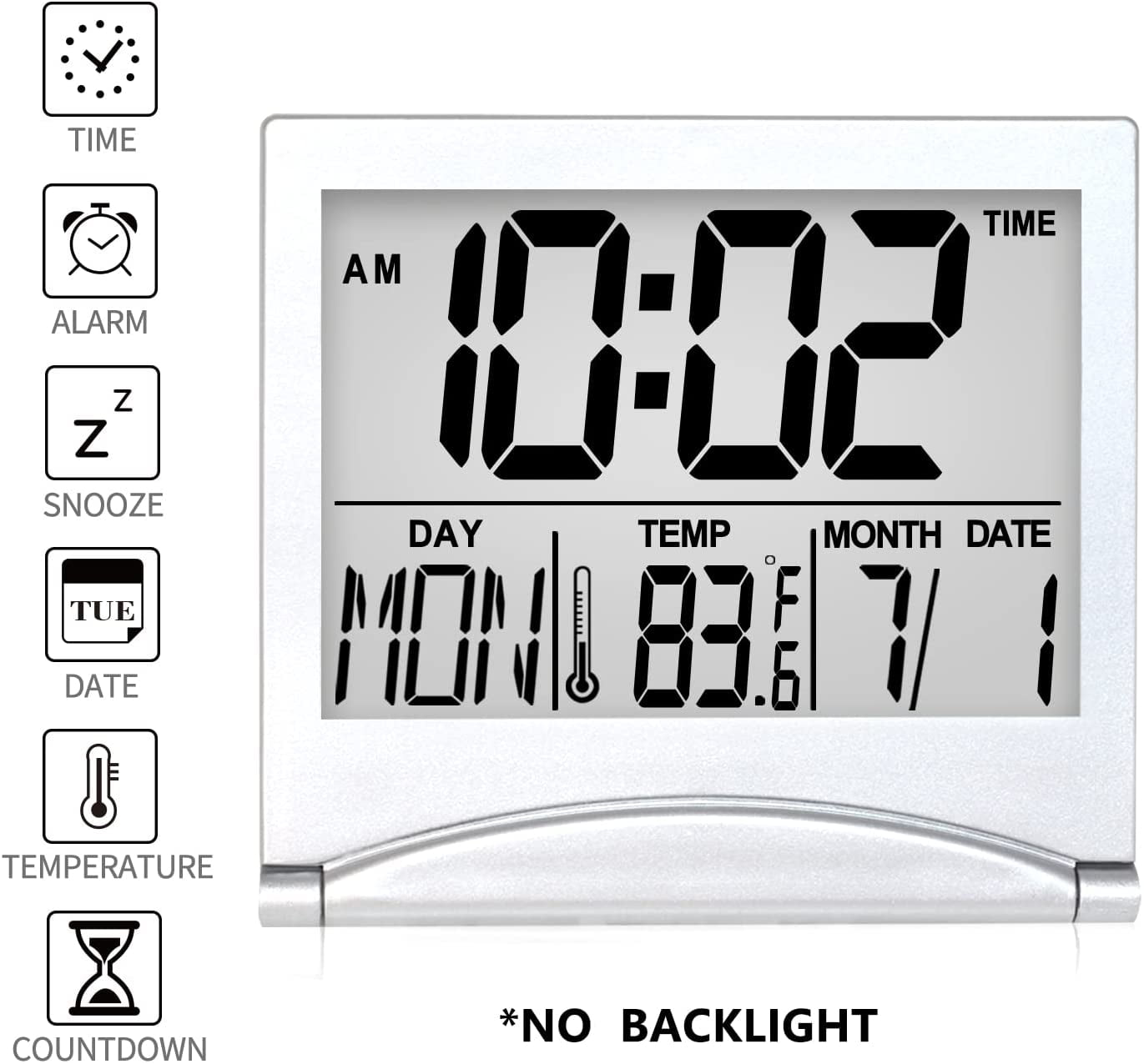 Digital Travel Alarm Clock - Foldable Calendar Temperature Timer LCD Clock with Snooze Mode - Large Number Display, Battery Operated - Compact Desk Clock(Silver, No Backlight)