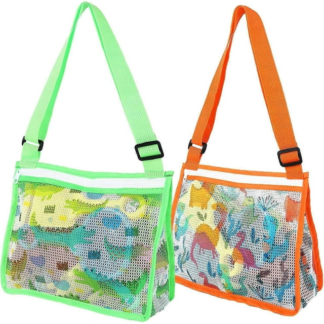 Adjustable Beach Toys Beach Mesh Bag, 2 Pcs Kids Beach Shell Collecting Bag with Zipper, Beach Sand Toy, Seashell Bag, for Pool Swim Beach Holding She