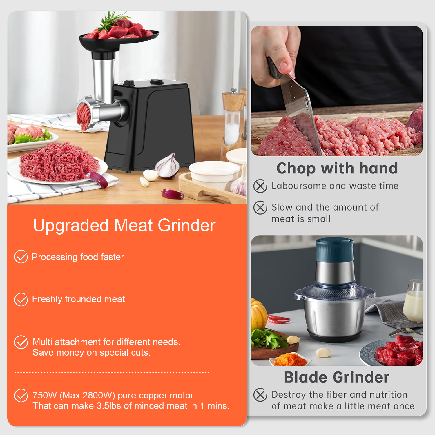 Electric Meat Grinder & Sausage Maker, 3000W Max Heavy Duty Stainless Steel Meat Mincer Machine Food Processor with 3 Blades,3 Plates,1 Meat Claw,Sausage Stuffer Tube & Kubbe Kit for Home Kitchen Use