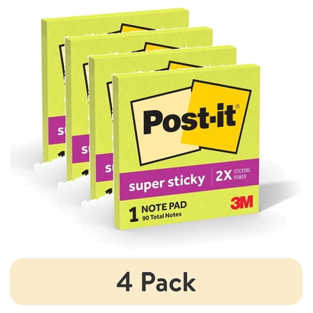 (4 pack) Post-it Super Sticky Notes, 3 in x 3 in, Bright Green, 1 Pad