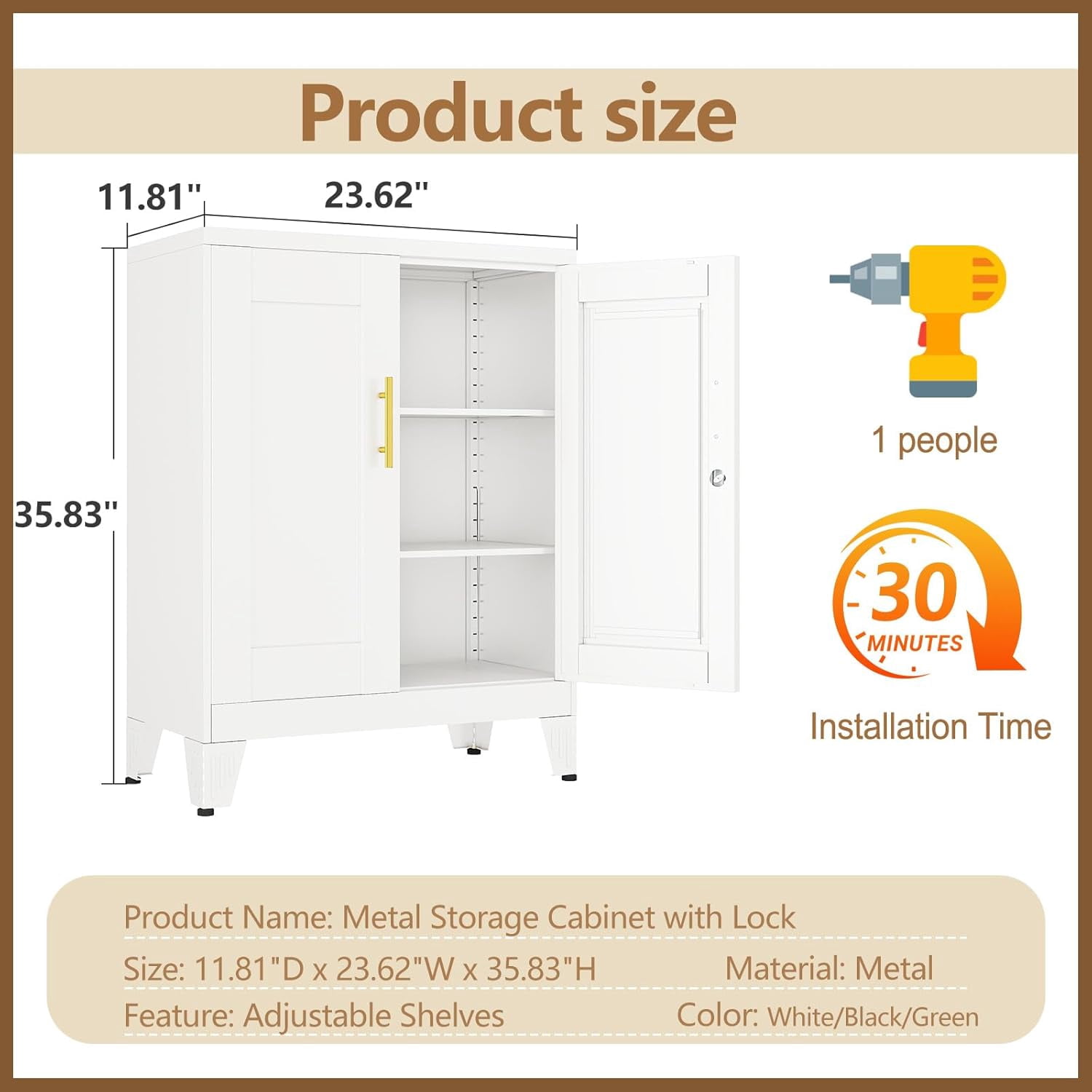 LEHOME 36" White Floor Storage Cabinet, Locked Metal Storage Cabinets with 2 Doors and 2 Adjustable Shelves, Sideboard Buffet Cabient, Freestanding Cabinet for Home/Office/Garage/Tool Room/Bathroom