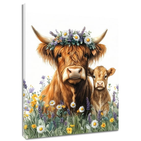 Funny Cow Canvas Wall Art Cute Cow Daisy Lavender Colorful Wild Flower Plants Prints Posters Living Room Decor Modern Rustic Home Art Bedroom Bathroom Office Wall Decor,12x12 Inches