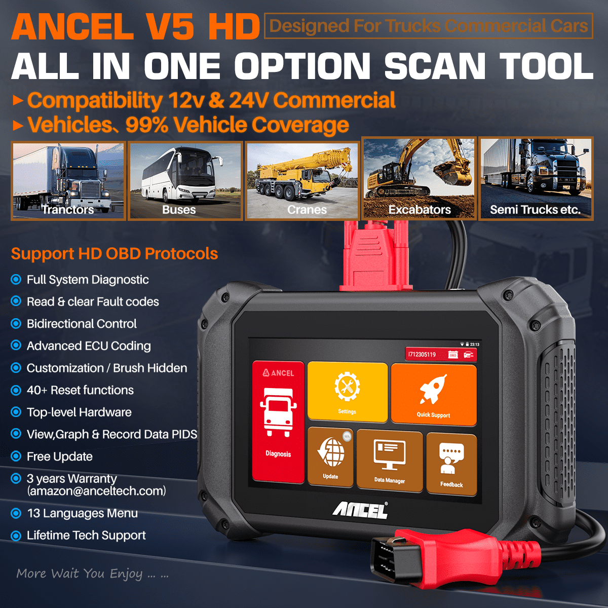 ANCEL  V5HD Diesel Heavy Duty Truck OBD2 Scanner Bi-Directional Full System Diagnostic Scan Tool Code Reader with 40+ Resets, D-P-F Regen for Truck & Commercial Vehicle
