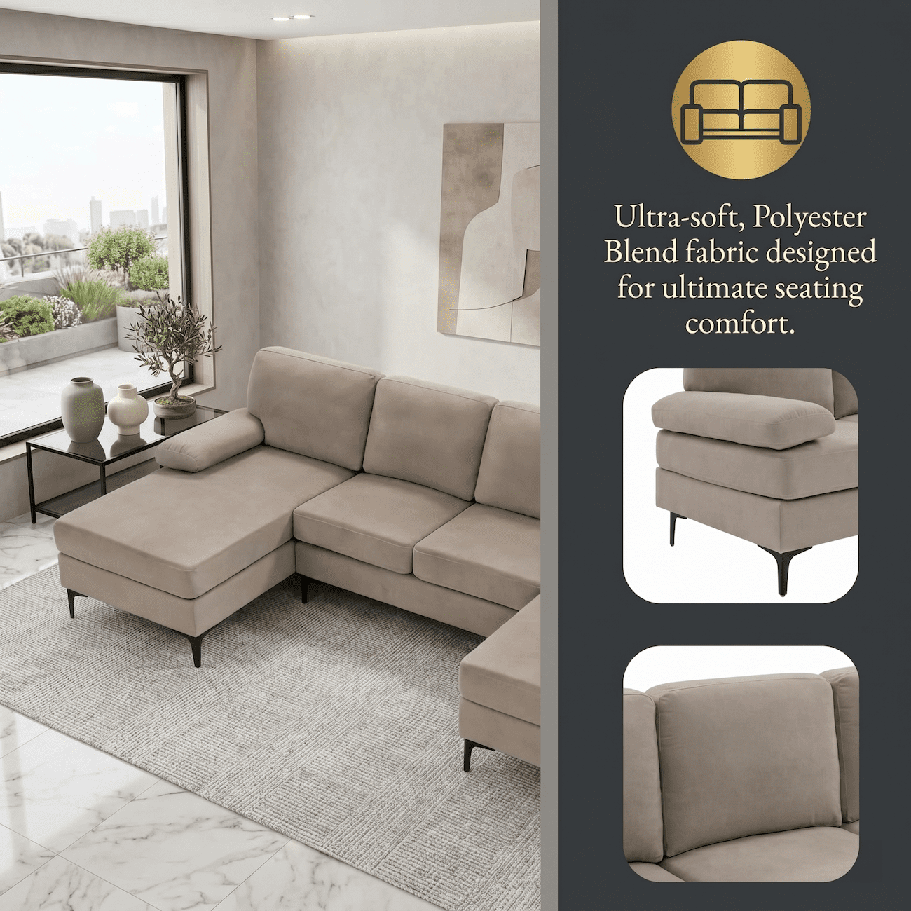 106" Cloud Sectional Sofa, U Shaped Sectional Couch with Double Chaise Lounge, Large 4 Seat Modular Sofa, Deep Seat Upholstered Fabric Couch with Pillow Top Arms, Modern Living Room Furniture, Khaki