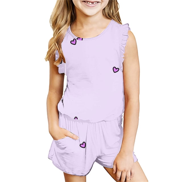 IFNWSV Ensembles d'Été pour Filles Mode Décontractée Sans Manches Col Rond Imprimé Ensembles de Shorts 7-8 Ans
