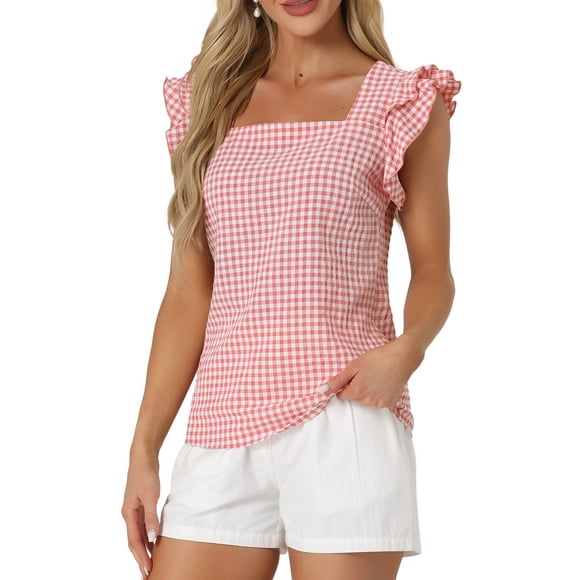 INSPIRAR CHIC Blusas de Cuadros para Mujeres con Cuello Cuadrado y Mangas de Volante Verano L Rosa