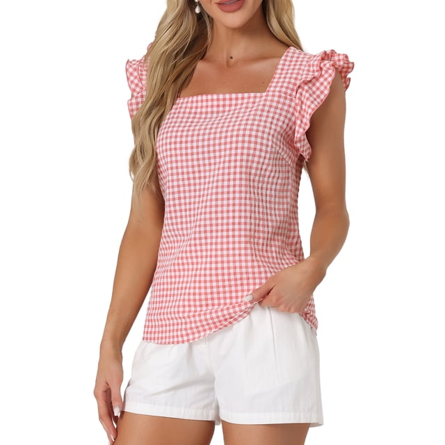 INSPIRAR CHIC Blusas de Cuadros para Mujeres con Cuello Cuadrado y Mangas de Volante Verano XL Rosa