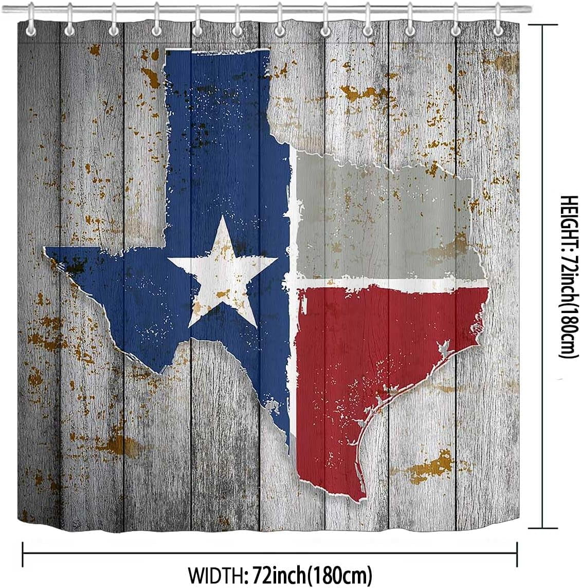 Texas Map Shower Curtain, Western Shower Curtain, Blue Red Texas Star Flag Lone Star Country Vintage Rustic Farmhouse Bathroom Decor, Waterproof Fabric Grey Shower Curtain, 72 X 72 Inch