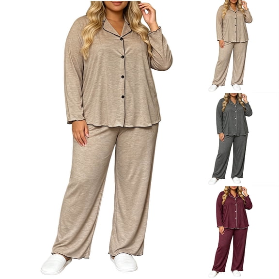 Taqqpue Plus Size Women Cotton Pajama Sets 2 Piece Pjs Lapel Button Cardigan Long Sleeve Top with Long Pants Soft Polycotton Sleepwear Loungewear Curvy Ladies Home Wear Nightwear