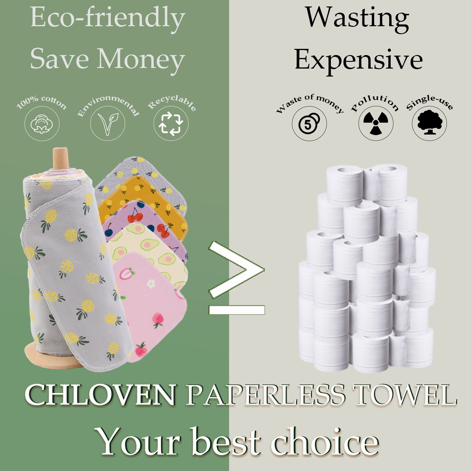 Chloven Paperless Towels Roll Machine Washable 10" x 10" Zero Waste Reusable 100% Cotton Napkins(25)