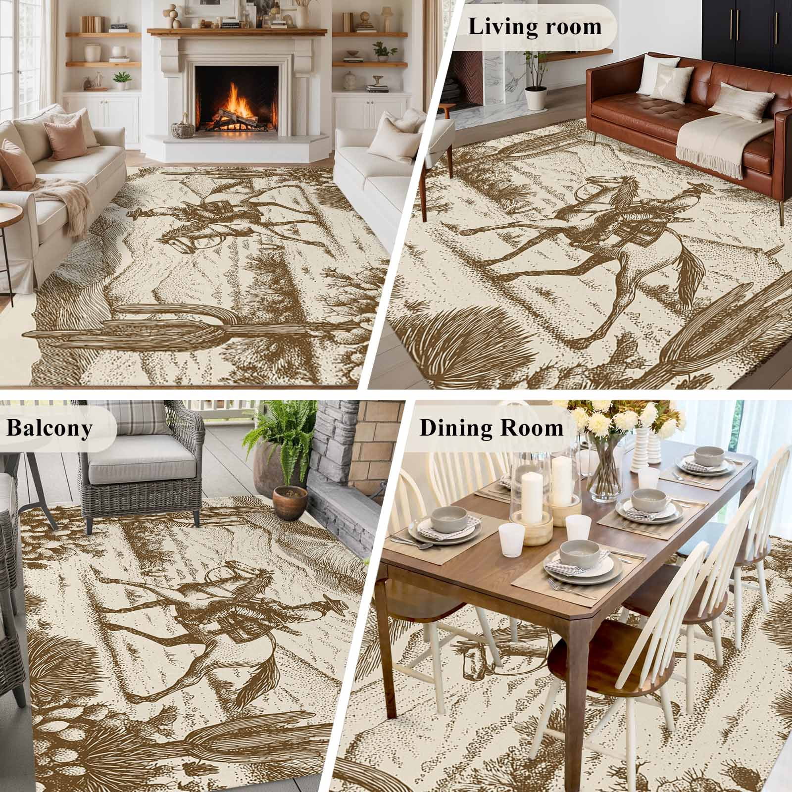 Large Area Rugs for Living Room Bedroom, Beige Western Farmhouse 5'x8' Rug Washable Carpet Runner Indoor Outdoor, Vintage Cowboys Cactus Non Slip Floor Mats Rug for Kitchen, Bathroom